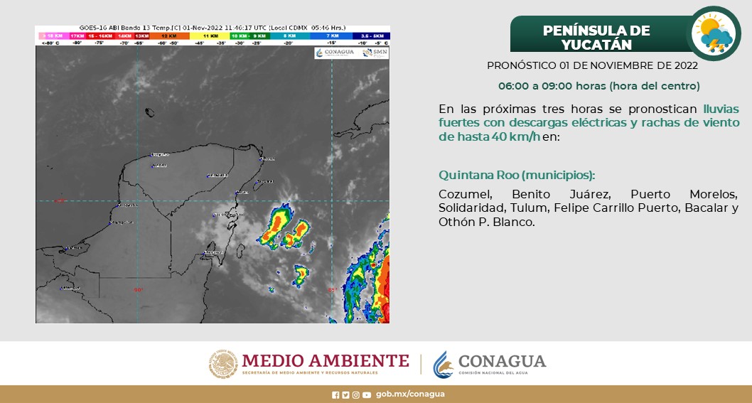 Pronóstico del clima para hoy martes 1 de noviembre en Quintana Roo; probabilidad de lluvias muy fuertes en Quintana Roo.