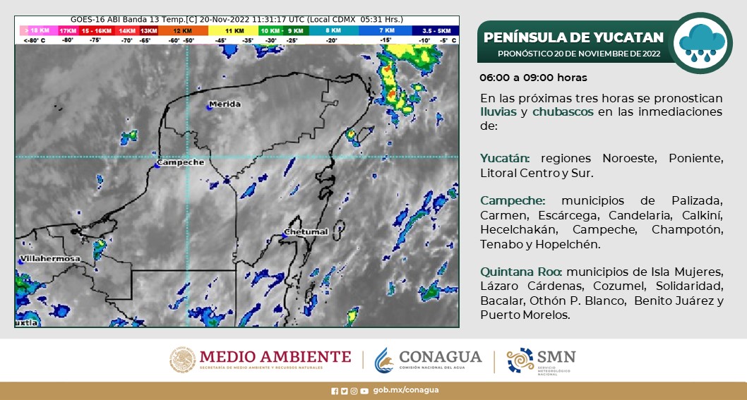 Pronóstico del clima para hoy domingo 20 de noviembre en Quintana Roo; cielo nublado con lluvias puntuales intensas en la entidad.