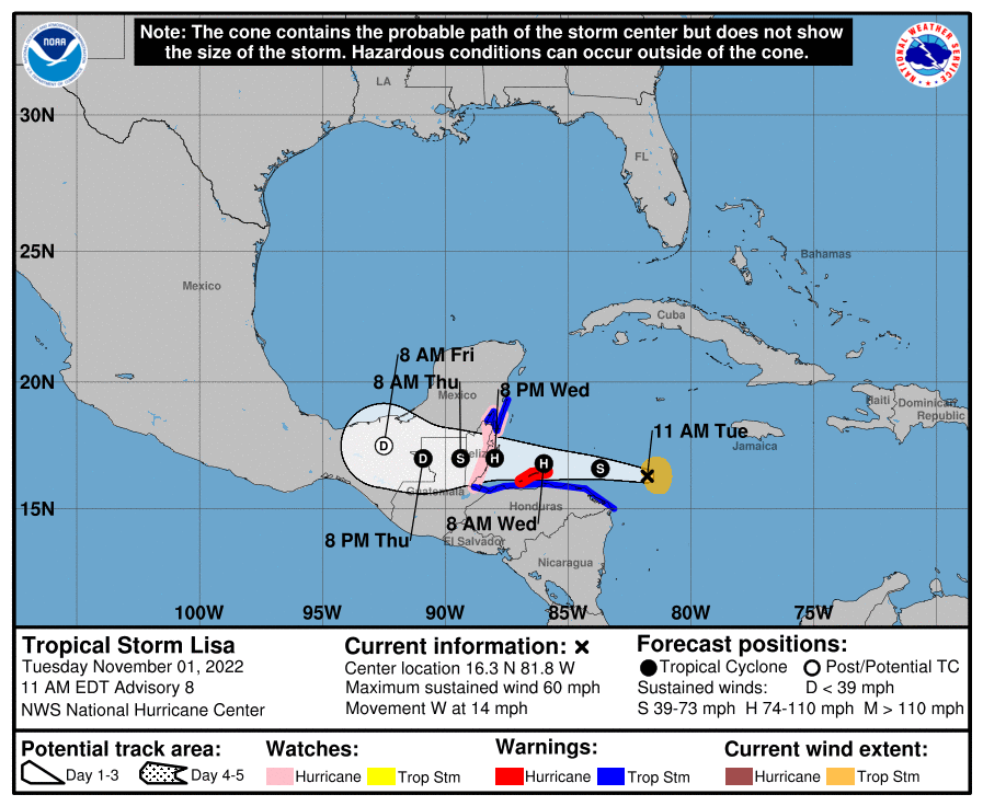 Se ubica ‘Lisa’ a 680 km al este-sureste de Costa Maya, Quintana Roo; se prevén lluvias puntuales muy fuertes y vientos con rachas de 40 a 50 km/h.