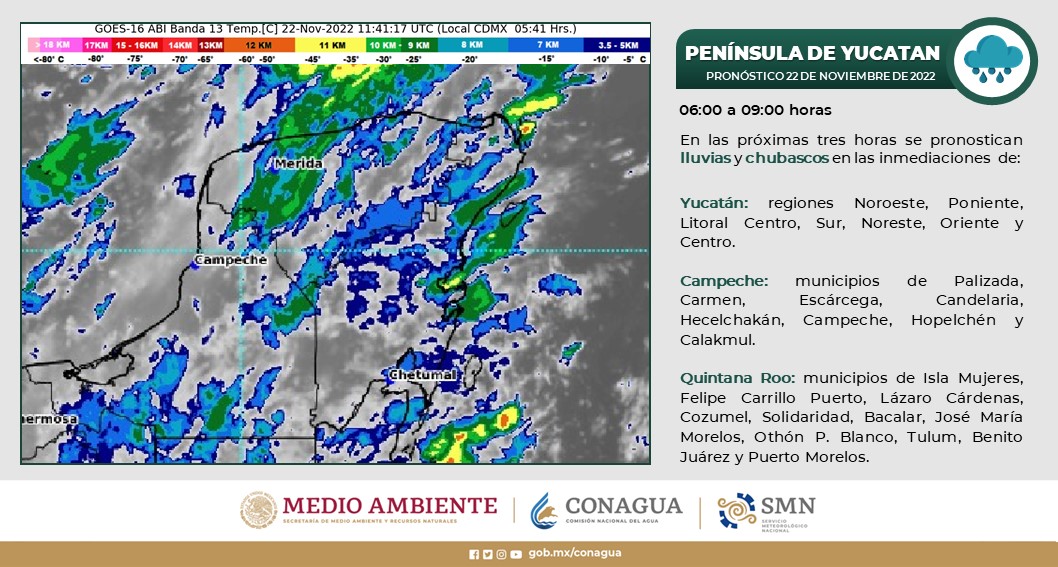 Pronóstico del clima para hoy martes 22 de noviembre en Quintana Roo; cielo nublado durante el día con lluvias fuertes en la entidad.