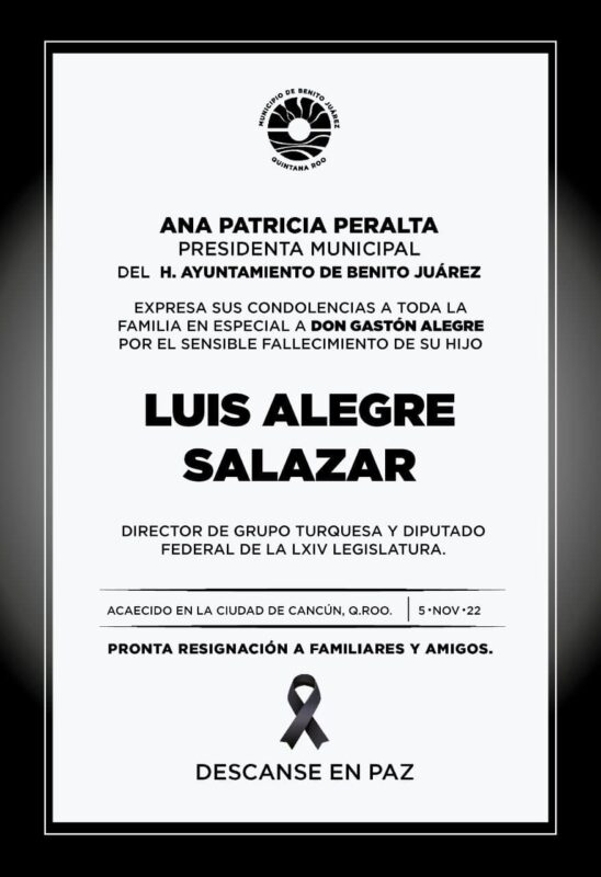 Lamenta Ana Paty Peralta el fallecimiento del Ing. Luis Alegre Salazar
