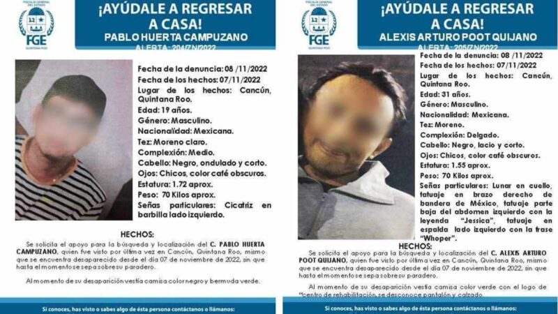 Hallan muertos a dos jóvenes desaparecidos en Cancún.