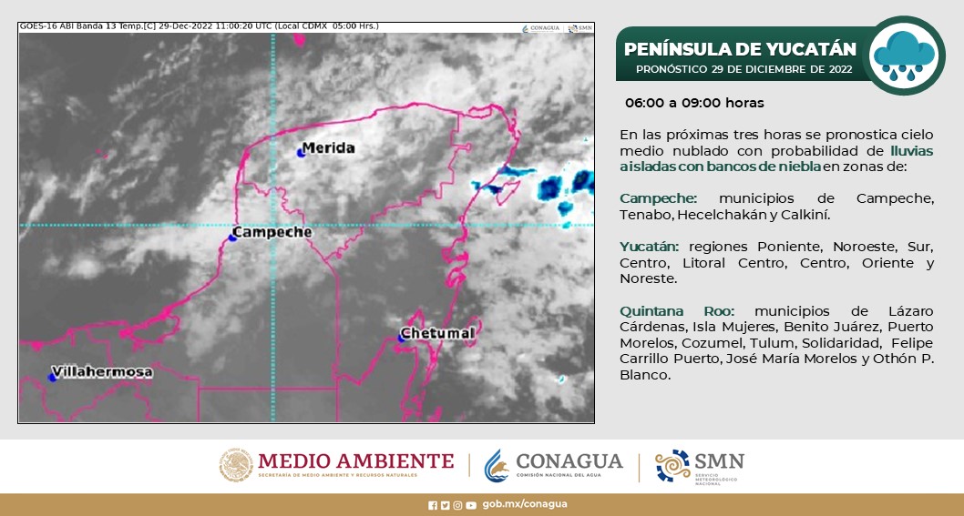 Pronóstico del clima para hoy jueves 29 de diciembre en Quintana Roo; cielo medio nublado con posibilidad de lluvias fuertes para la entidad.