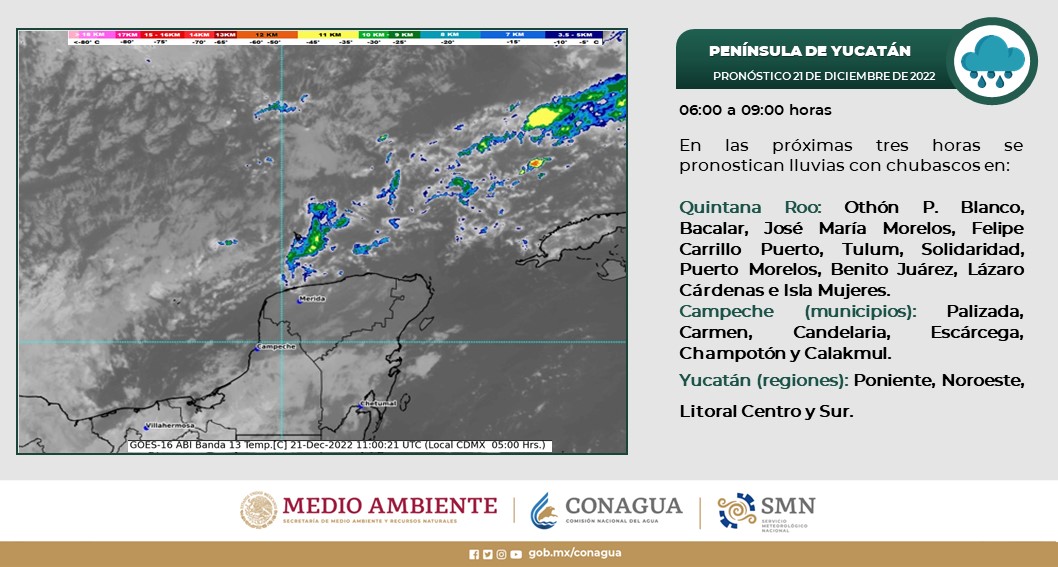 Pronóstico del clima para hoy miércoles 21 de diciembre en Quintana Roo; Cielo medio nublado a nublado con intervalos de chubascos.