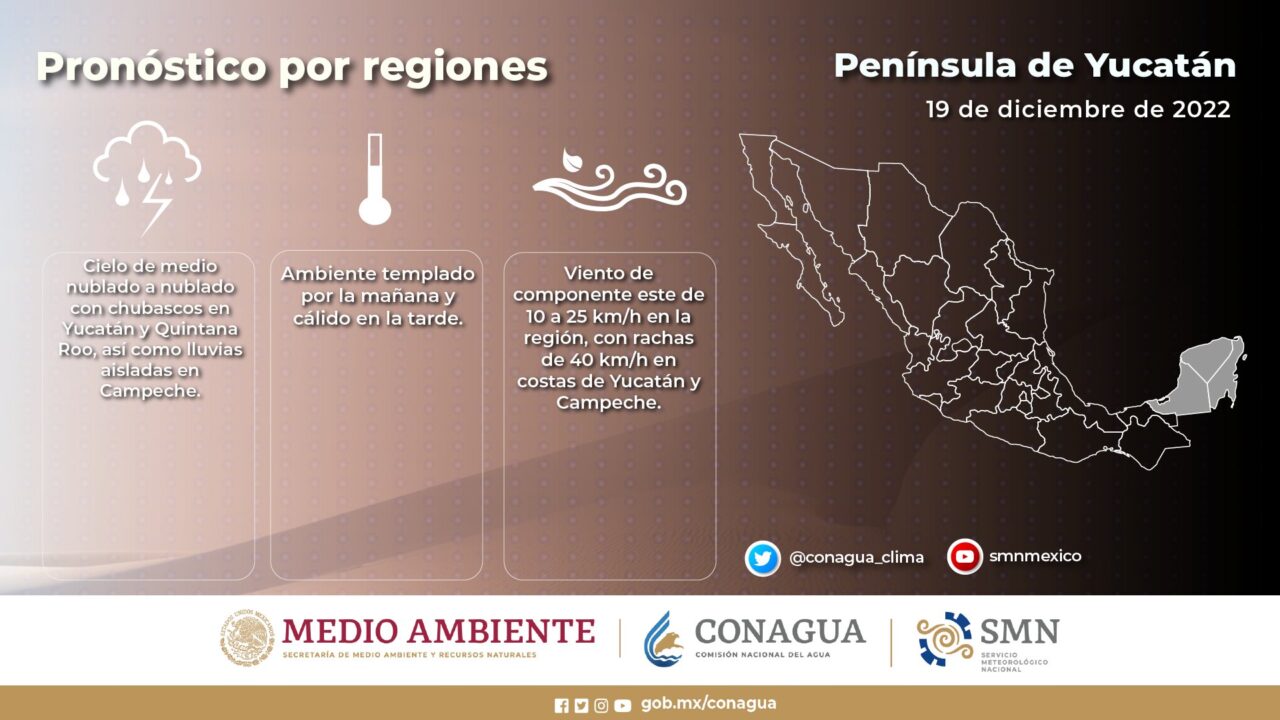 Pronóstico del clima para hoy lunes 19 de diciembre en Quintana Roo; se prevé cielo medio nublado con posibilidad de chubascos.