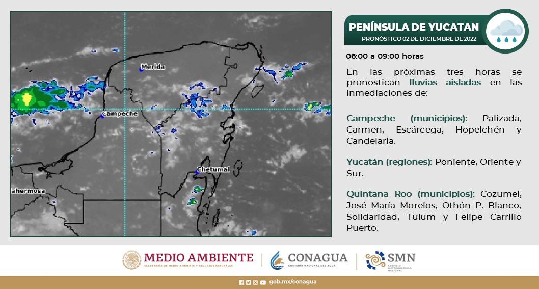 Pronóstico del clima para hoy viernes 2 de diciembre en Quintana Roo; cielo medio nublado a nublado durante el día, con lluvias fuertes.