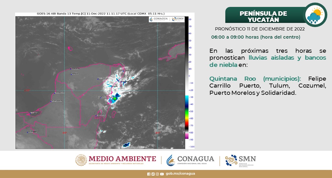 Pronóstico del clima para hoy domingo 11 de diciembre en Quintana Roo; cielo medio nublado con probabilidad de chubascos en la Península.