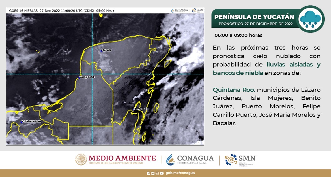 Pronóstico del clima para hoy martes 27 de diciembre en Quintana Roo; se prevén lluvias fuertes para la entidad.