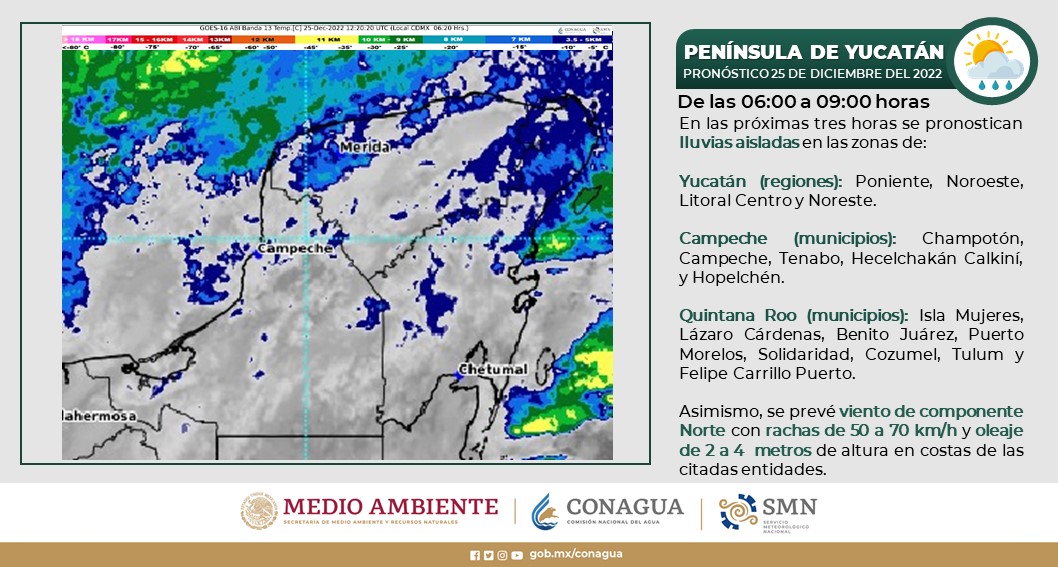 Pronóstico del clima para hoy domingo 25 de diciembre en Quintana Roo; Cielo nublado la mayor parte del día con lluvias puntuales intensas y evento de “norte”.