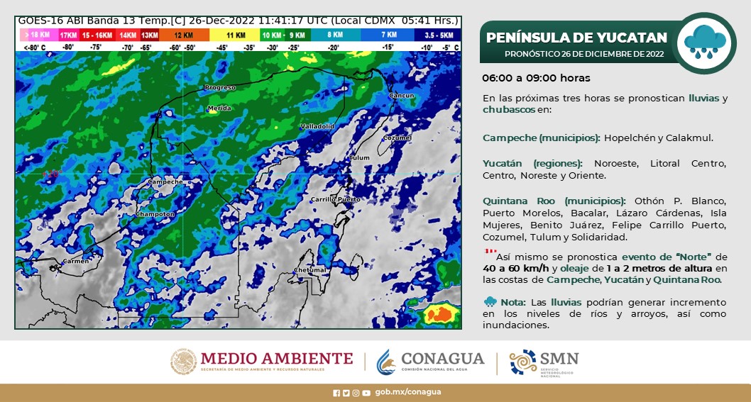 Pronóstico del clima para hoy lunes 26 de diciembre en Quintana Roo; cielo nublado con lluvias puntuales muy fuertes en la entidad.