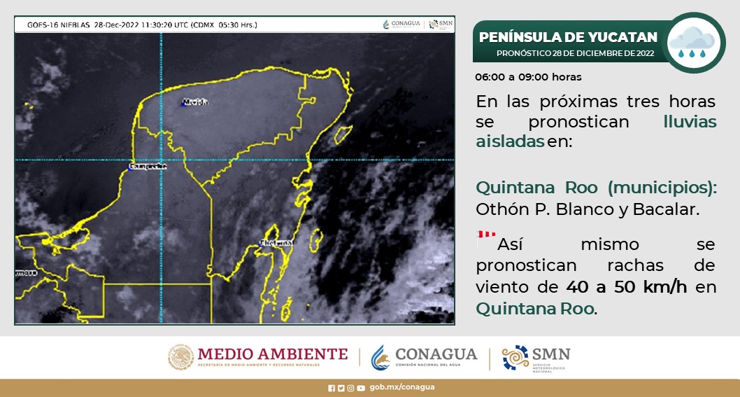Pronóstico del clima para hoy miércoles 28 de diciembre en Quintana Roo; cielo medio nublado a nublado con probabilidad de chubascos.