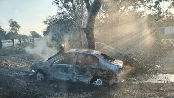 Se incendia auto en la autopista Mérida-Cancún (VIDEO).