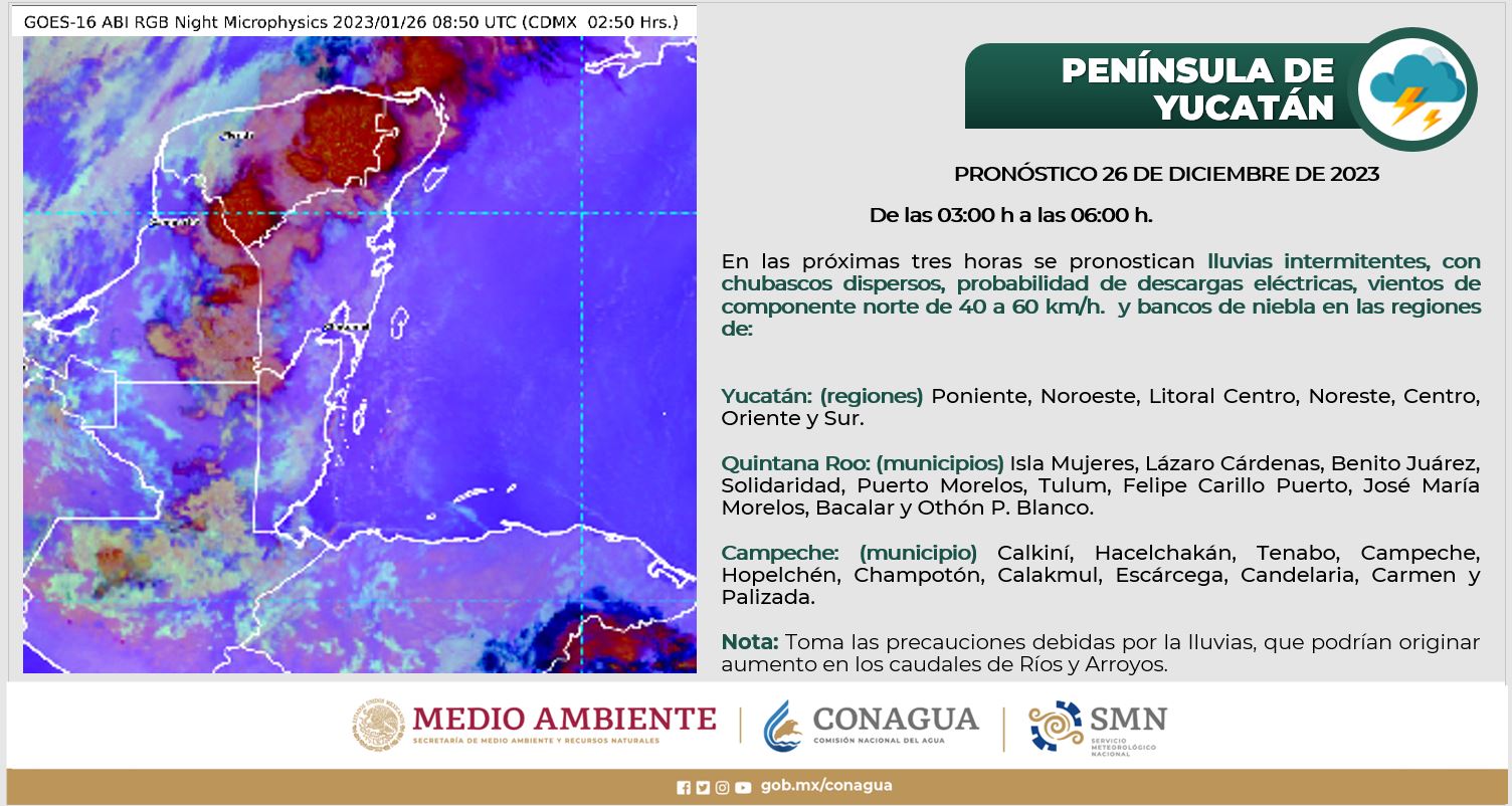 Pronóstico del clima para hoy jueves 26 de enero en Quintana Roo; frente frío 27 originará lluvias muy fuertes en la Península de Yucatán.