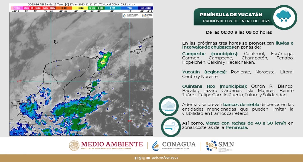 Pronóstico del clima para hoy viernes 27 de enero en Quintana Roo; frente frío 27 y su masa de aire frío ocasionarán lluvias muy fuertes.