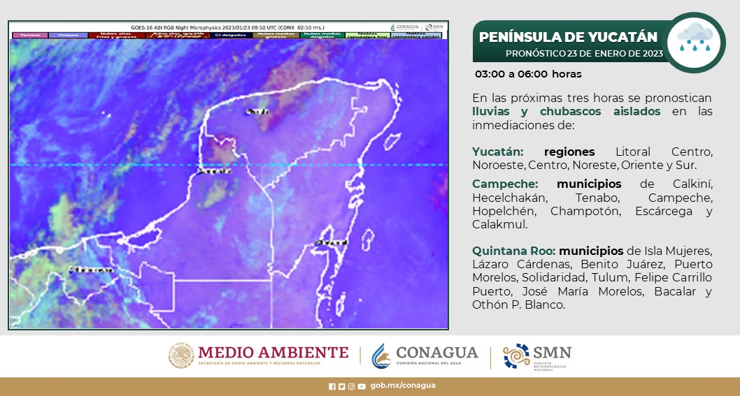 Pronóstico del clima para hoy lunes 23 de enero en Quintana Roo; cielo medio nublado por la tarde con chubascos en Campeche y Quintana Roo.