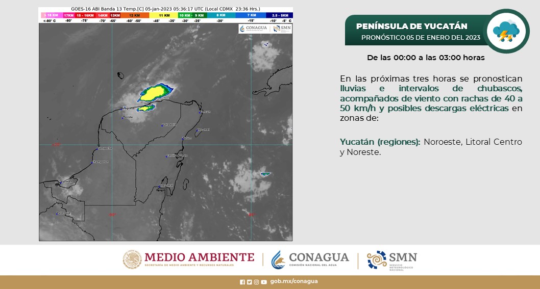 Pronóstico del clima para hoy jueves 5 de enero en Quintana Roo; cielo medio nublado a nublado durante el día con lluvias puntuales fuertes.