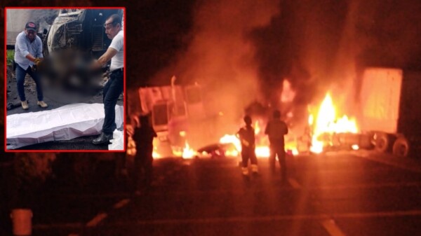 Choque de tráileres en carretera deja un chofer calcinado.