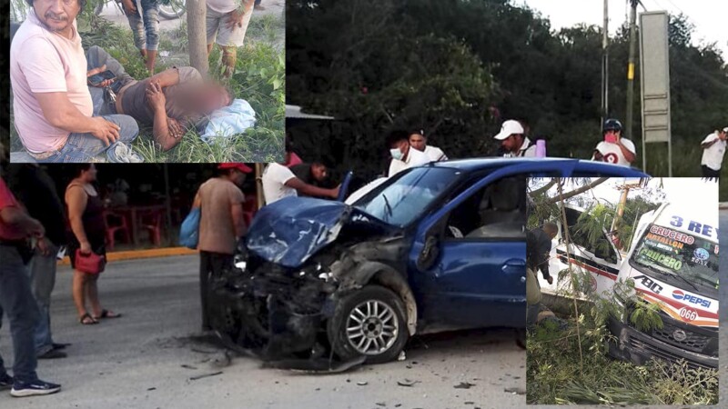 Choca combi con auto en Cancún y arrolla a peatón