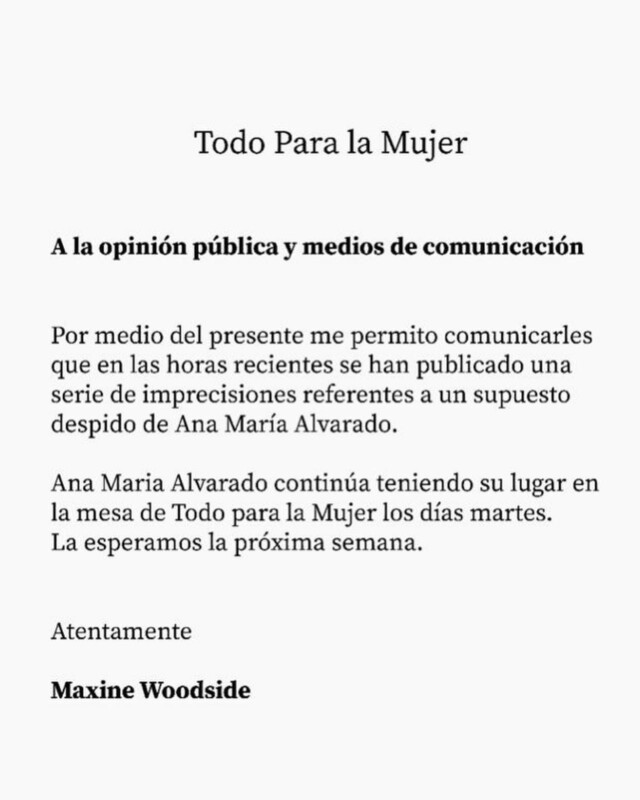 Maxine Woodside desmiente que haya despedido a Ana María Alvarado