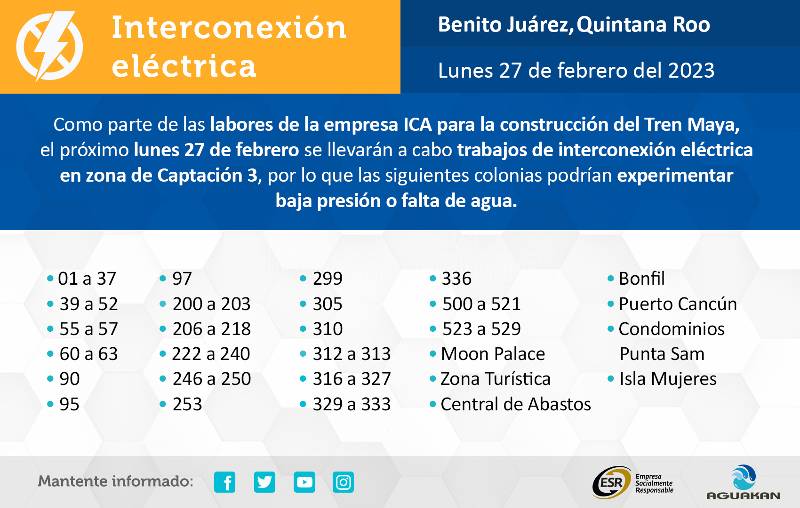 Anuncia Aguakan nueva fecha para realizar los trabajos de interconexión eléctrica en Cancún