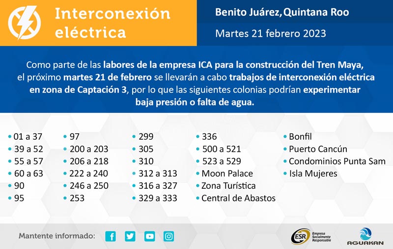 Aguakan anuncia posible afectación en Cancún por trabajos de interconexión eléctrica