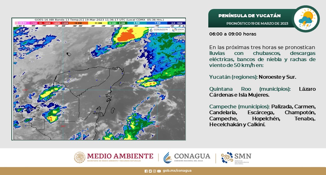 Pronóstico del clima para hoy domingo 19 de marzo 2023 en Quintana Roo; cielo nublado durante el día, con lluvias puntuales intensas.
