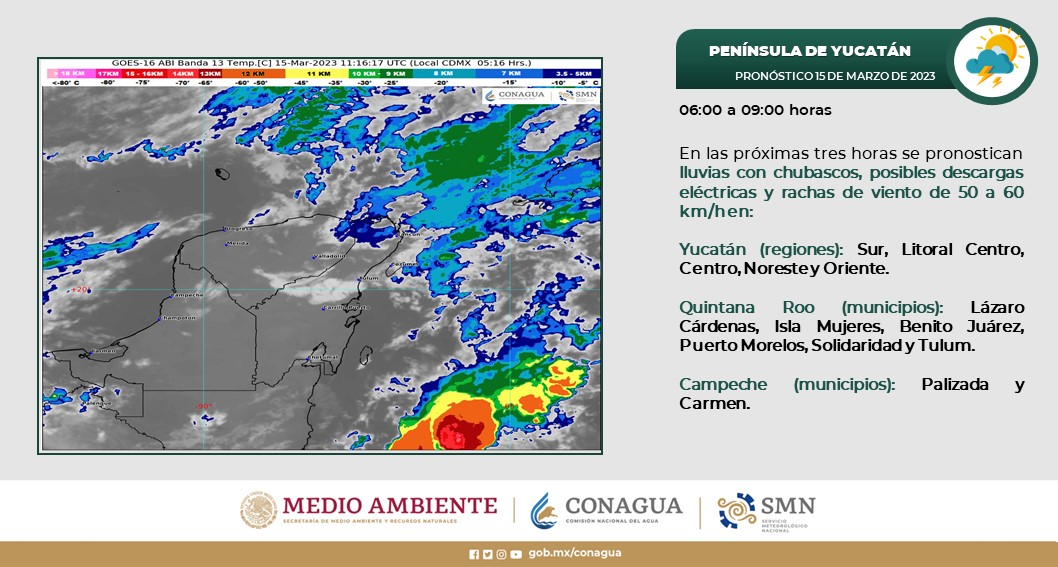 Pronóstico del clima para hoy miércoles 15 de marzo 2023 en Quintana Roo; cielo nublado la mayor parte del día con probabilidad de chubascos.