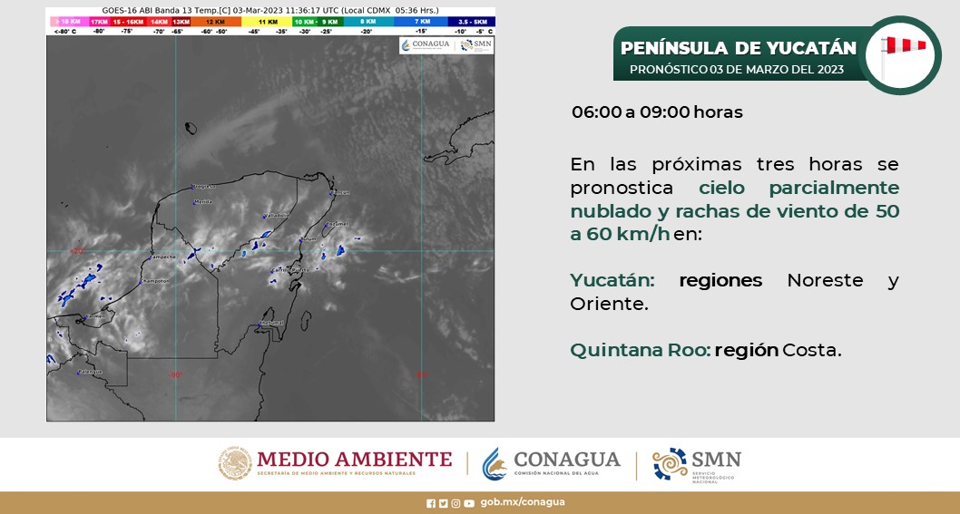 Clima Quintana Roo: Surada provocará vientos de hasta 80 km/h; habrá cielo parcialmente nublado y sin lluvias en la Península de Yucatán.