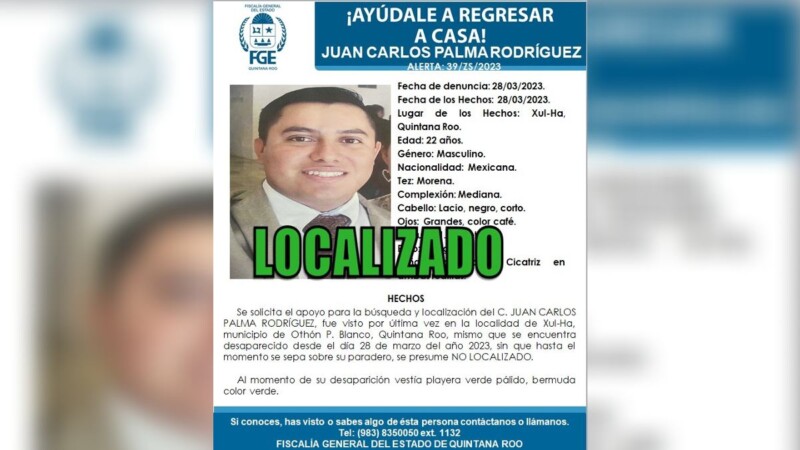 Hallan sano y salvo a joven desaparecido en Xul-Há