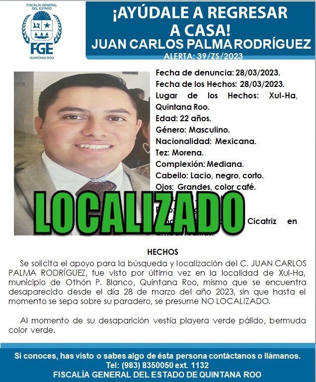 Hallan sano y salvo a joven desaparecido en Xul-Há; la ficha de búsqueda fue activada el 28 de marzo del año en curso en la Zona Sur.