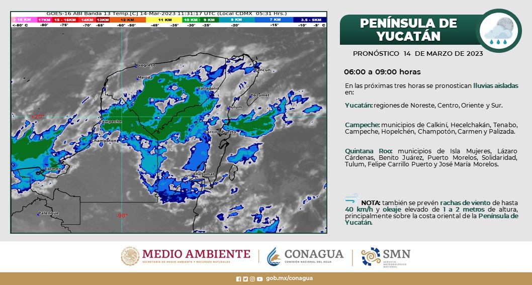 Pronóstico del tiempo para hoy martes 14 de marzo 2023 en Quintana Roo; cielo medio nublado a nublado con probabilidad de lluvias.