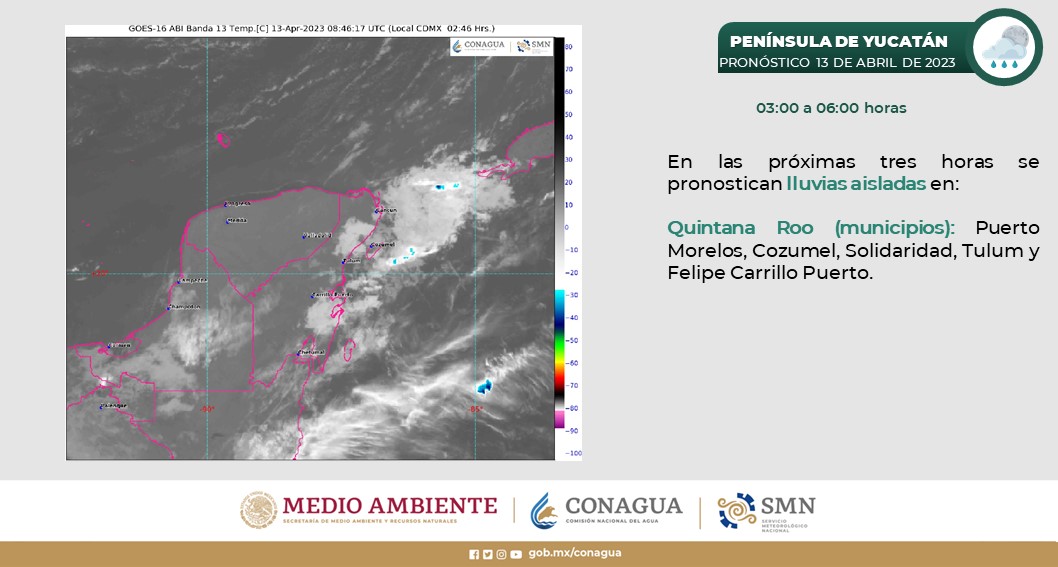 Pronóstico del clima para hoy jueves 13 de abril 2023 en Quintana Roo; cielo medio nublado a nublado durante todo el día, con lluvias y chubascos.