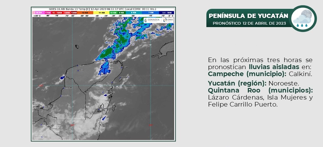 Pronóstico del clima para hoy miércoles 12 de abril 2023 en Quintana Roo; cielo medio nublado a nublado durante el día, con probabilidad de lluvias.