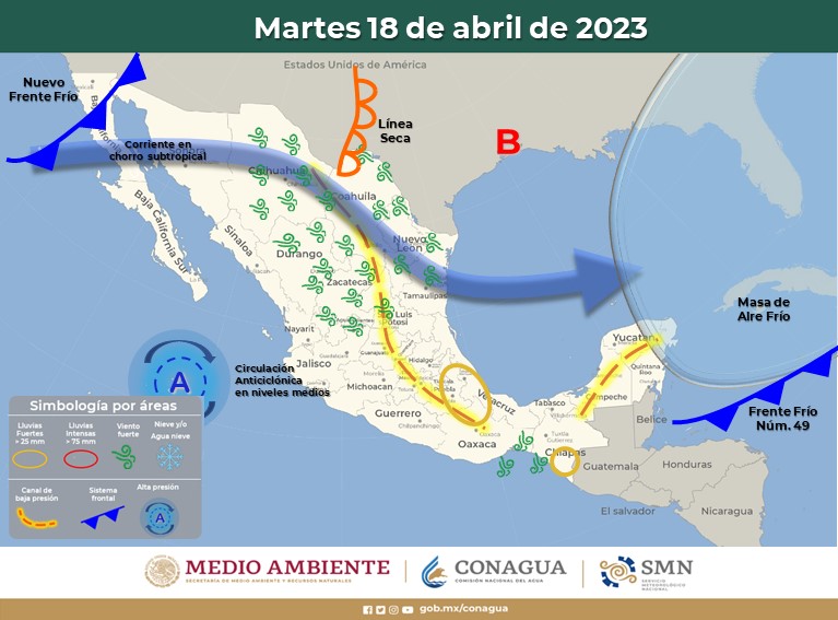 Pronóstico del clima para hoy martes 18 de abril 2023 en Quintana Roo; cielo medio nublado durante el día con lluvias aisladas.
