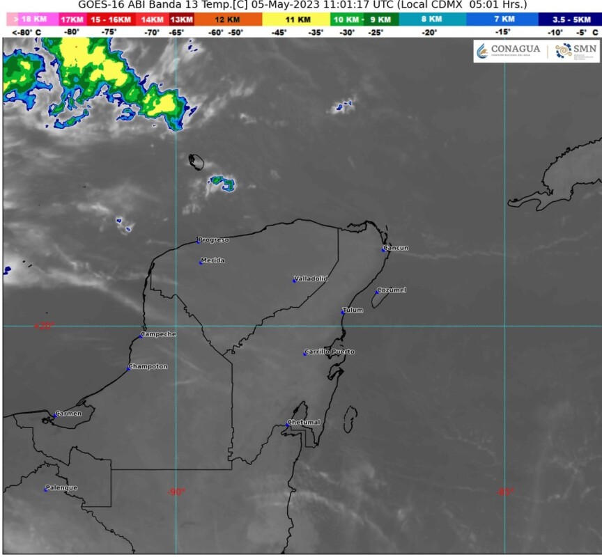 Pronóstico del clima para hoy viernes 5 de mayo 2023 en Quintana Roo; Cielo medio nublado con lluvias aisladas en Campeche y Quintana Roo.