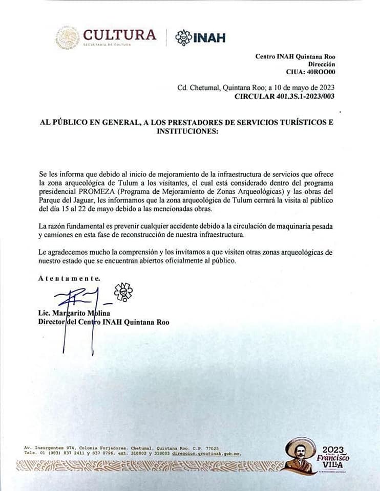 Anuncia INAH Quintana Roo el cierre de la Zona Arqueológica de Tulum; en una circular se dio a conocer que es por obras de mantenimiento.