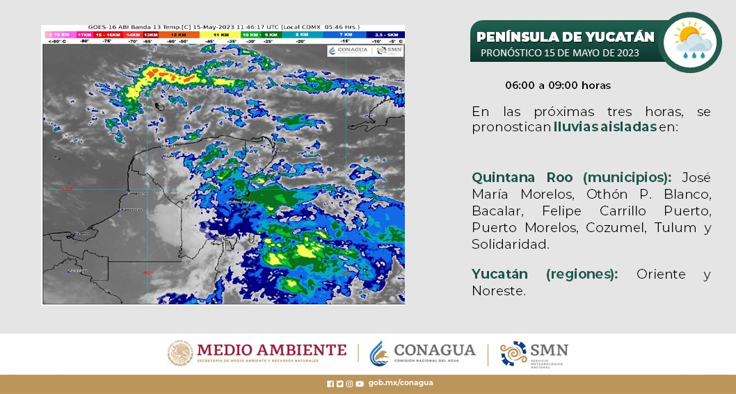 Pronóstico del clima para hoy lunes 15 de mayo 2023 en Quintana Roo; cielo medio nublado por la mañana y nublado por la tarde con lluvias.
