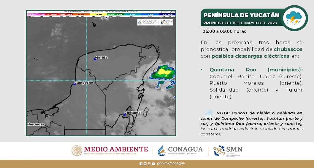 Pronóstico del clima para hoy martes 16 de mayo 2023 en Quintana Roo; cielo medio nublado por la mañana y nublado por la tarde con lluvias.