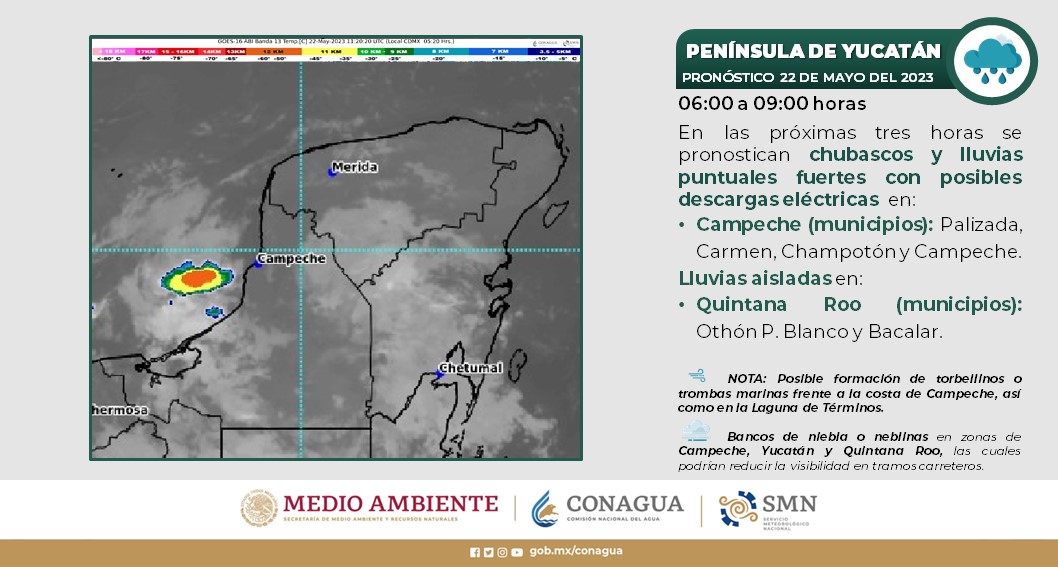 Pronóstico del clima para hoy lunes 22 de mayo 2023 en Quintana Roo; cielo medio nublado a nublado durante el día.