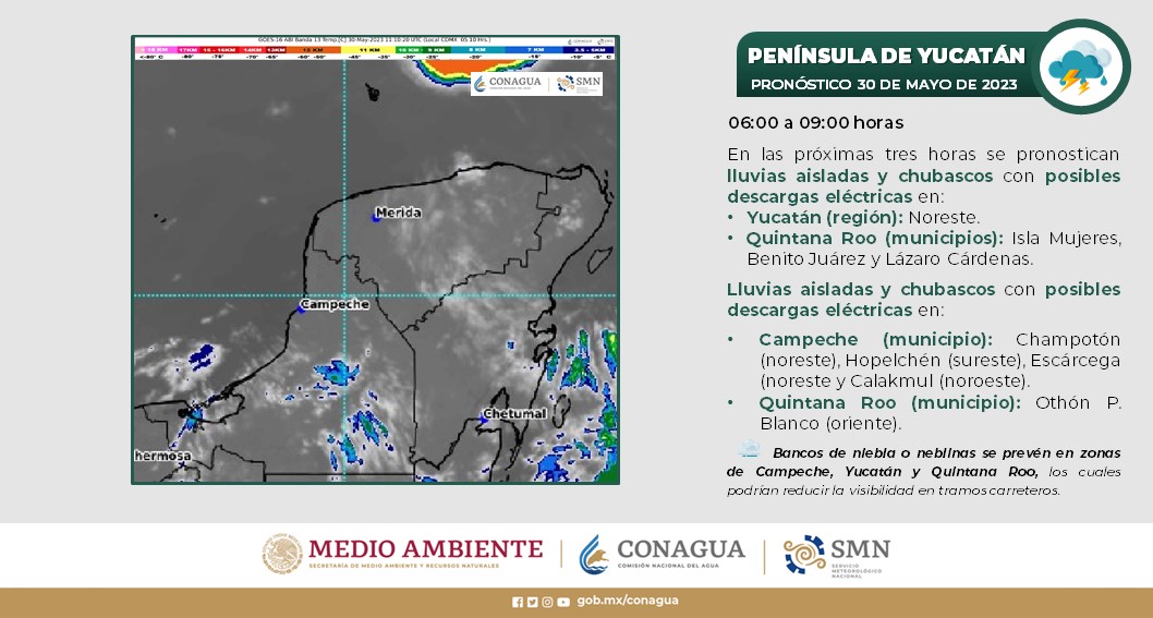 Pronóstico del clima para hoy martes 30 de mayo 2023 en Quintana Roo; cielo con nubes dispersas y lluvias puntuales intensas en la entidad.