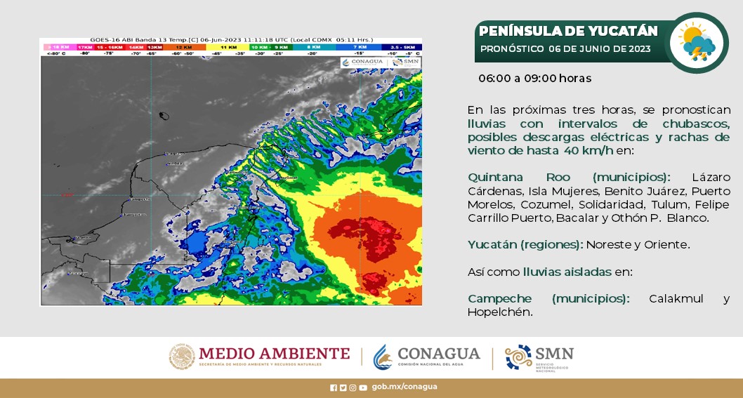 Pronóstico del clima para hoy martes 6 de junio 2023 en Quintana Roo; cielo medio nublado con lluvias en el estado, Yucatán y Campeche.