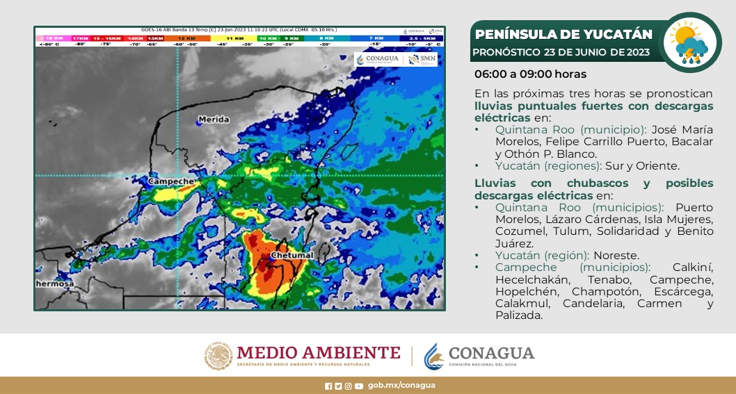 Pronóstico del clima para hoy viernes 23 de junio 2023 en Quintana Roo; cielo nublado la mayor parte del día con lluvias puntuales muy fuertes.