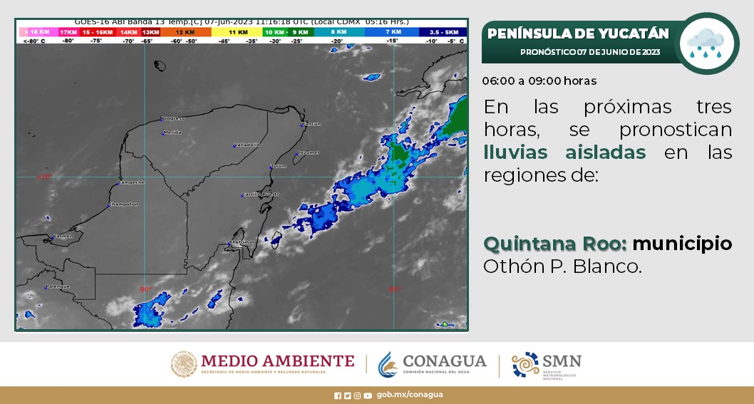 Pronóstico del clima para hoy miércoles 7 de junio 2023 en Quintana Roo; cielo medio nublado a nublado con lluvias puntuales fuertes.