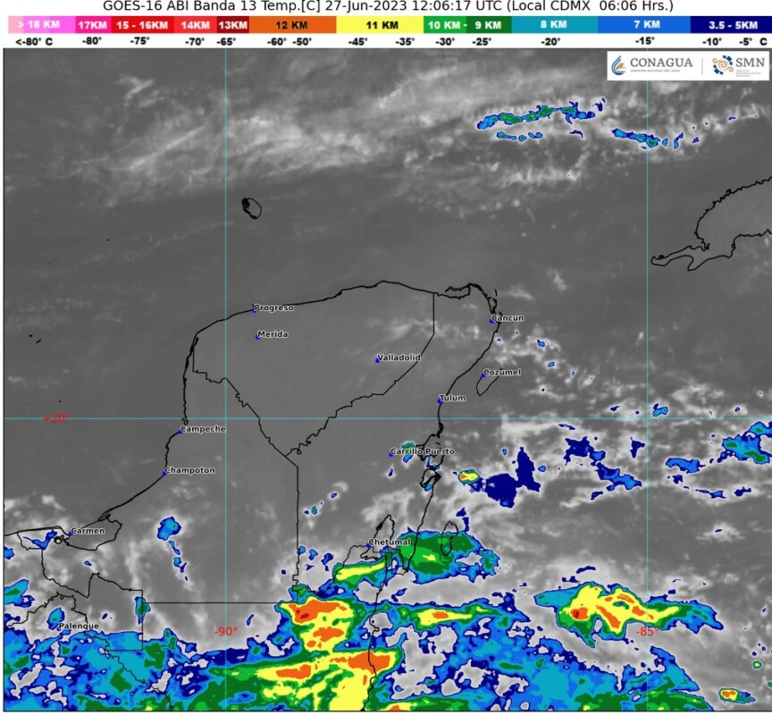 Pronóstico del clima para hoy martes 27 de junio 2023 en Quintana Roo; cielo nublado la mayor parte del día con probabilidad de lluvias puntuales fuertes en el estado.