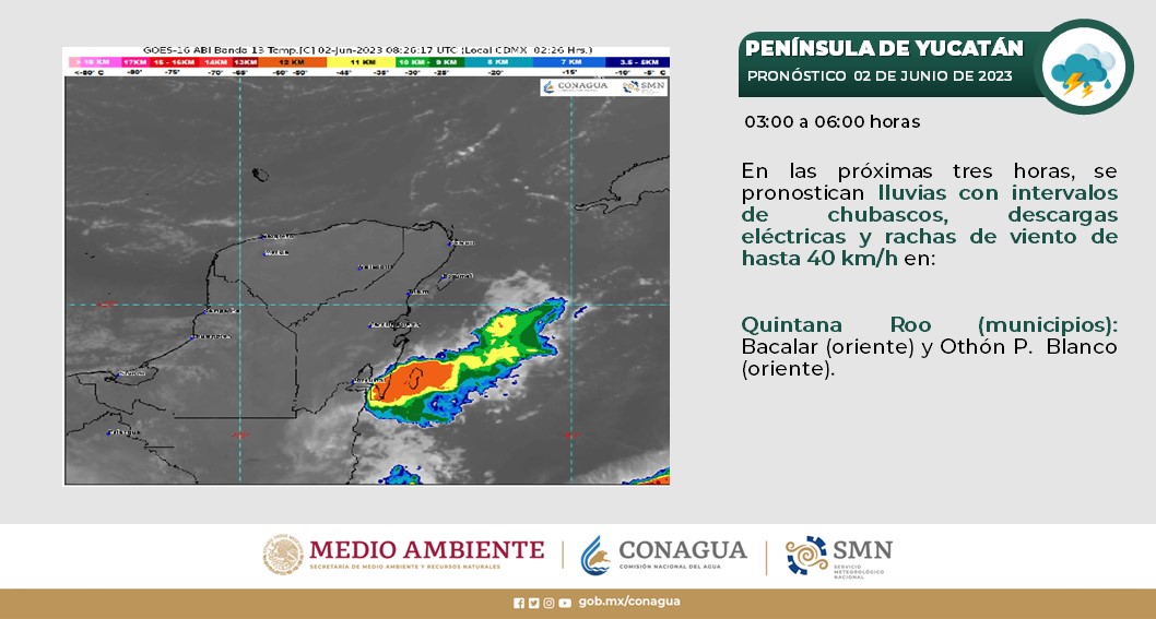 Pronóstico del clima para hoy viernes 2 de junio 2023 en Quintana Roo; cielo con nubes dispersas por la mañana y nublado por la tarde con lluvias.