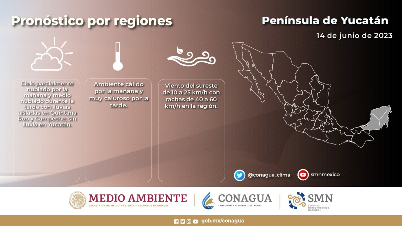 Pronóstico del clima para hoy miércoles 14 de junio 2023 en Quintana Roo; cielo parcialmente nublado durante la tarde con lluvias aisladas en el estado.