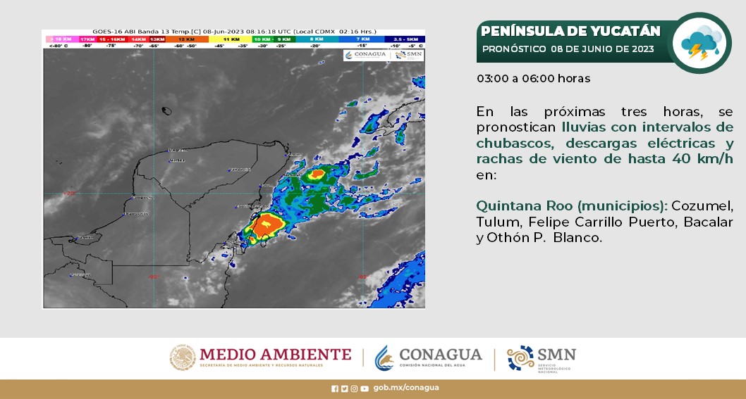 Pronóstico del clima para hoy jueves 8 de junio 2023 en Quintana Roo; cielo medio nublado a nublado con lluvias fuertes.