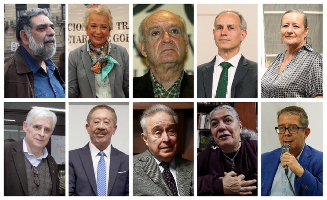 En la fila superior, de izquierda a derecha: Pedro Miguel, Olga Sánchez Cordero, Luis Linares Zapata, Hugo López-Gatell y Paloma Sáiz. En la fila inferior, de izquierda a derecha: Rafael Barajas ‘El Fisgón’, Héctor Díaz Polanco, Héctor Vasconcelos, Elvira Concheiro y Jenaro Villamil. Todos fueron designados para la comisión que elaborará el Proyecto de Nación 2024-2030.