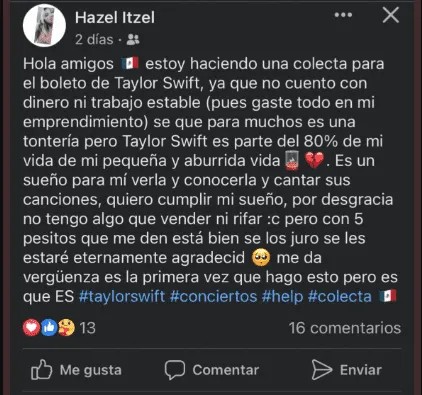 Emprendedora pide dinero para su boleto del concierto de Taylor Swift en México