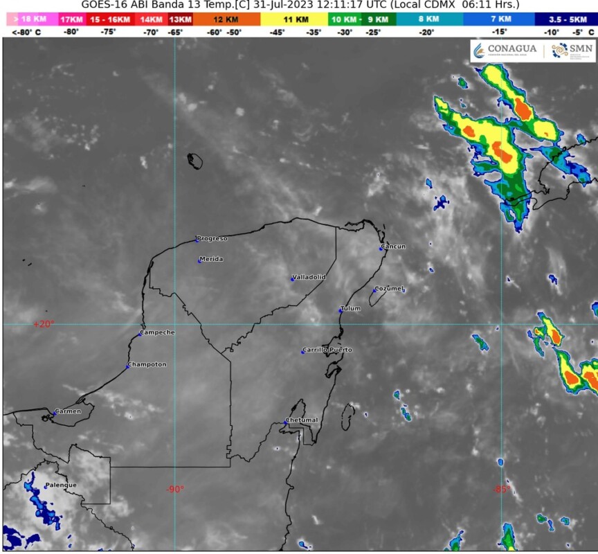 Pronóstico del clima para hoy lunes 31 de julio 2023 en Quintana Roo; cielo medio nublado con lluvias puntuales fuertes por la tarde y noche.